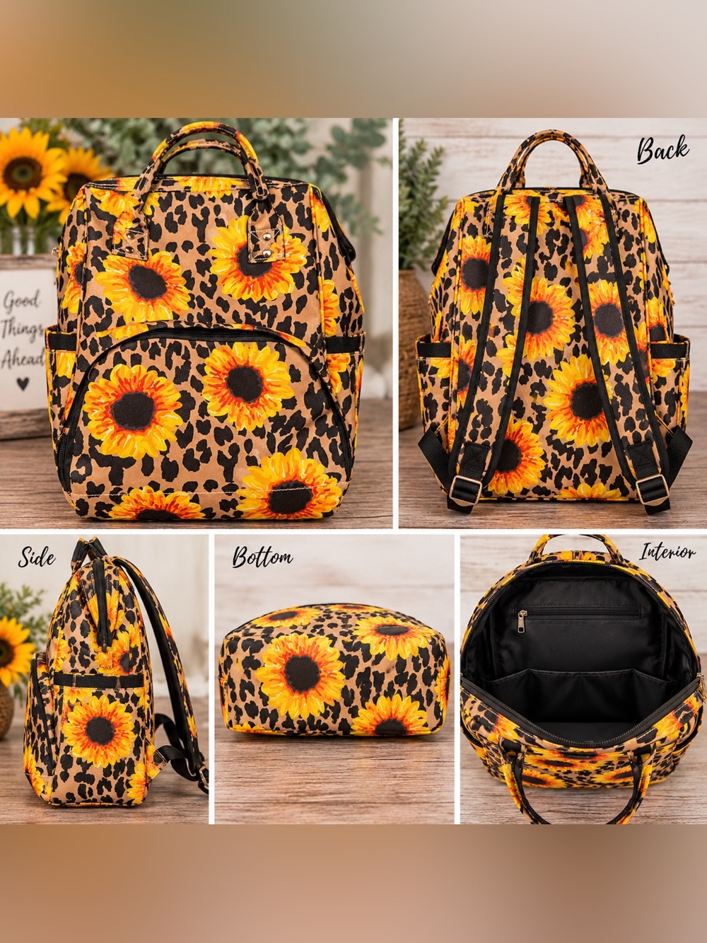 Sunflower Leopard Print Backpack Diaper Bag - Yellow